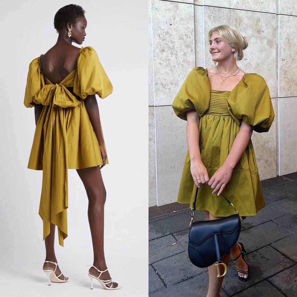 Aje Casabianca Puff Sleeve Bow Mini Dress Olive Green Smock Size AU 10 US 6 - Picture 13 of 16